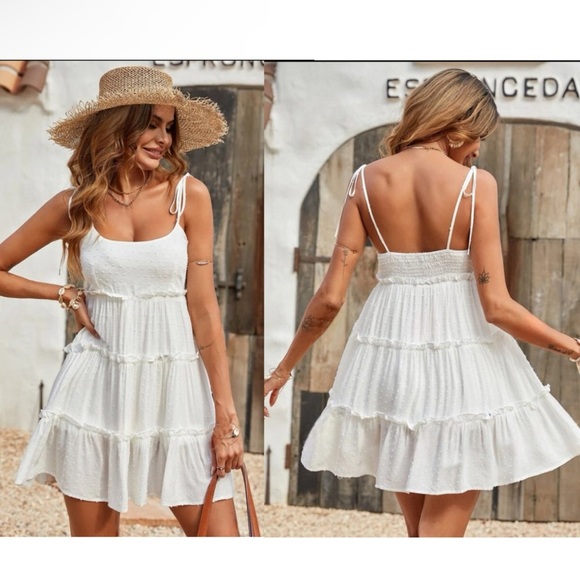 Backless Frill Knot Ruffle Hem Shirred
spaghetti strap White Dress - Picture 1 of 3